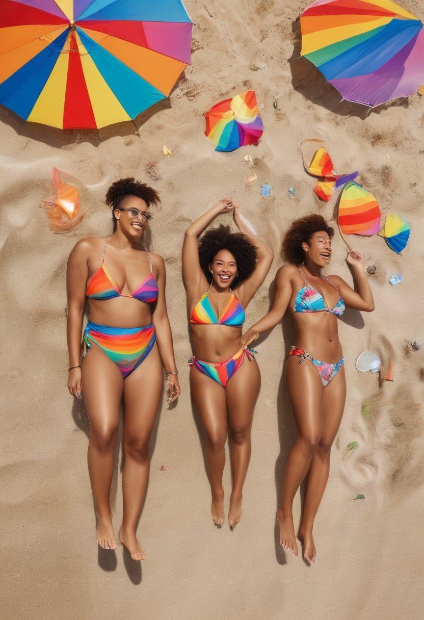 A vibrant beach scene featuring diverse individuals proudly wearing inclusive swimwear, showcasing a rainbow of colors and patterns that celebrate LGBTQ+ identity. The background depicts a sunny shoreline with colorful beach umbrellas, while joyful expressions and playful poses highlight confidence and freedom of self-expression. Ensure a sense of community with individuals of various sizes, genders, and ethnicities enjoying the beach together. bright colors. joyful atmosphere. summer vibes. hyper-realistic.
