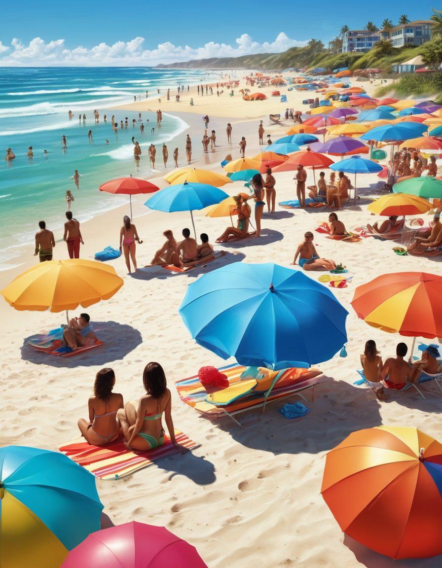 A sunny beach scene with a diverse group of people trying on various stylish bathing suits, surrounded by colorful beach accessories and umbrellas. Include elements like surfboards and beach balls, capturing an essence of summer fun and adventure. The water sparkles in the background, and a clear blue sky enhances the vibrant atmosphere. super-realistic. bright colors. lively beach setting.