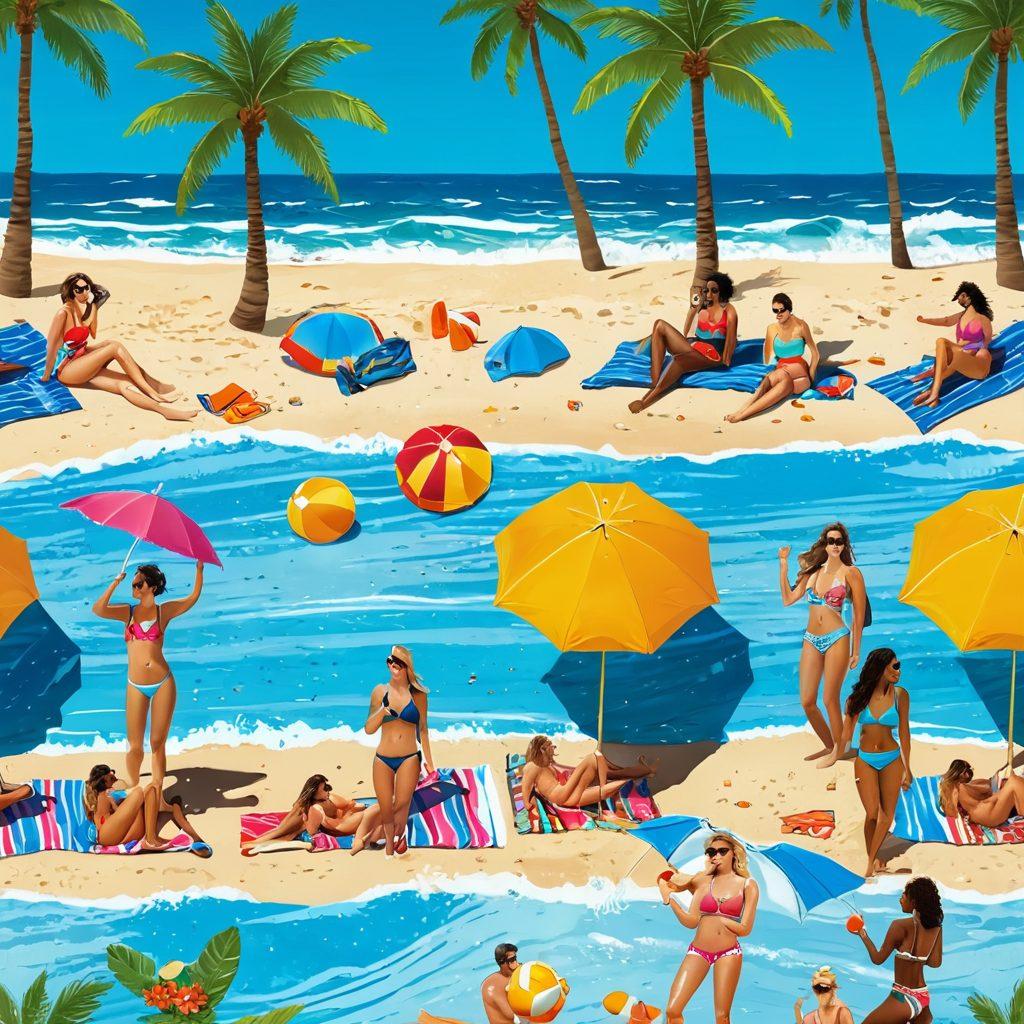 An umbrella-covered beach scene with diverse individuals wearing vibrant and stylish swimwear, lounging on colorful beach towels, playing volleyball, and splashing in the surf. The sun is bright and shining in a clear blue sky, with palm trees swaying gently in the background. Incorporate elements like beach accessories, sunglasses, and seashells to enhance the summer vibe. super-realistic. vibrant colors. summer theme.
